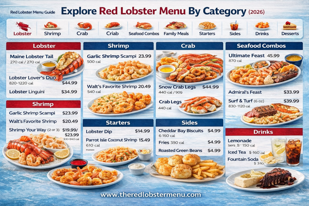 Red Lobster menu infographic showing categories like lobster, shrimp, crab, seafood combos, starters, sides, drinks, and desserts with prices and calories (2026 guide)