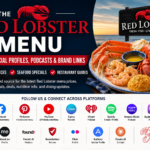 Official Red Lobster Menu profiles and podcast platforms banner featuring seafood dishes, lobster platter, social media links, YouTube, Spotify, Apple Podcasts, Pinterest, Facebook, and restaurant menu guides.